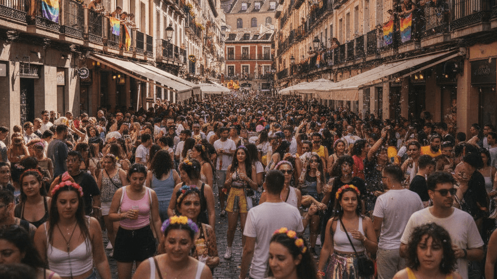Callejones medievales de La Latina iluminados con banderas arcoíris para el Orgullo