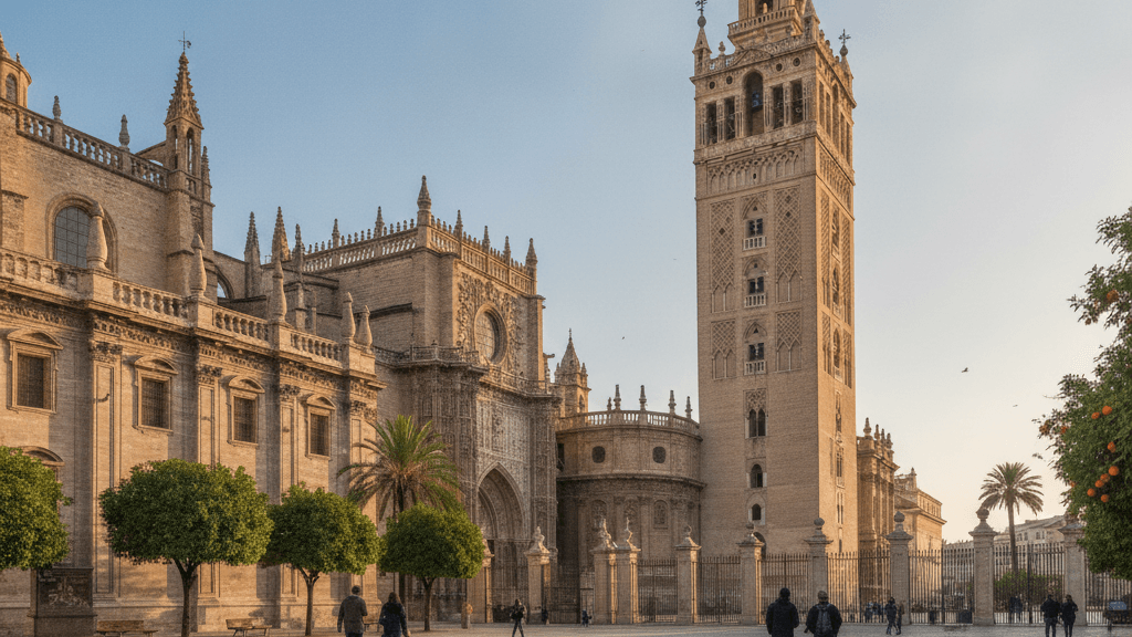 Catedral de Sevilla y la Giralda al amanecer, ideal para visitar en la mañana