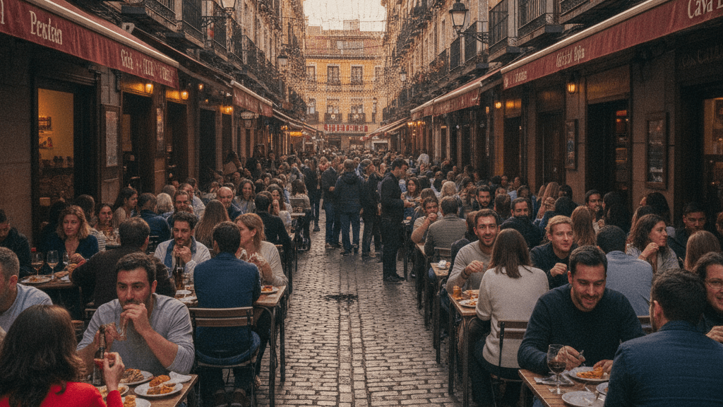 Bar tradicional en Cava Baja sirviendo tortilla, croquetas y jamón ibérico durante el Orgullo
