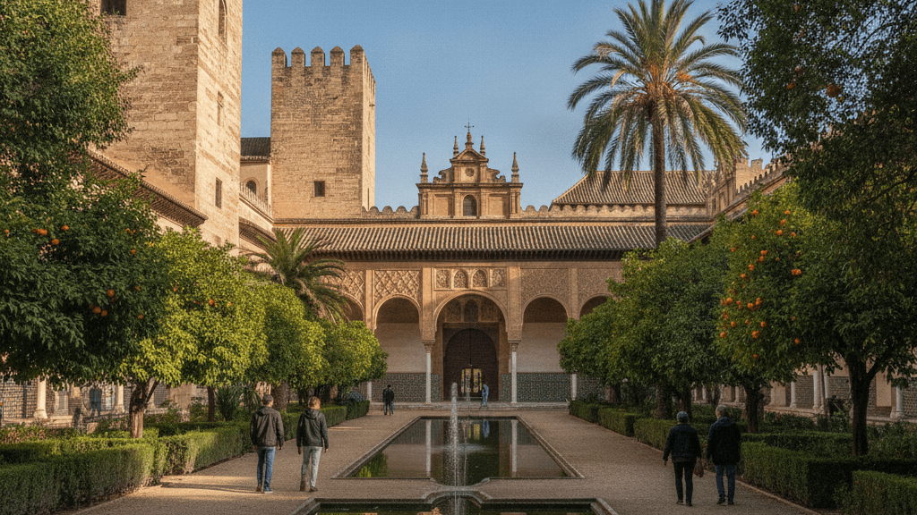 Jardines del Real Alcázar con fuentes y vegetación exuberante, perfecto para una visita matutina