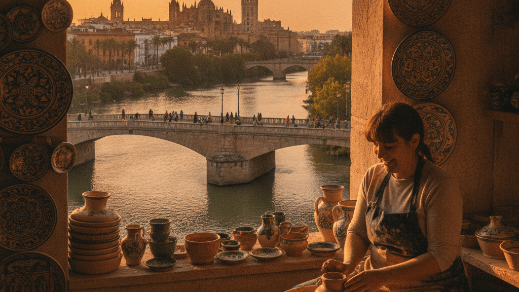 Barrio de Triana con cerámica artesanal y vista al atardecer sobre el Guadalquivir
