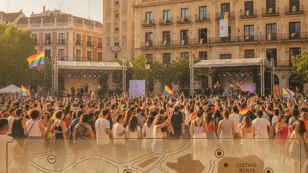 Mapa colorido que muestra los eventos del Orgullo en Sevilla, con la ruta del desfile, la Plaza de San Francisco, escenarios de conciertos y exposiciones culturales, todo rodeado de banderas arcoíris y gente celebrando.
