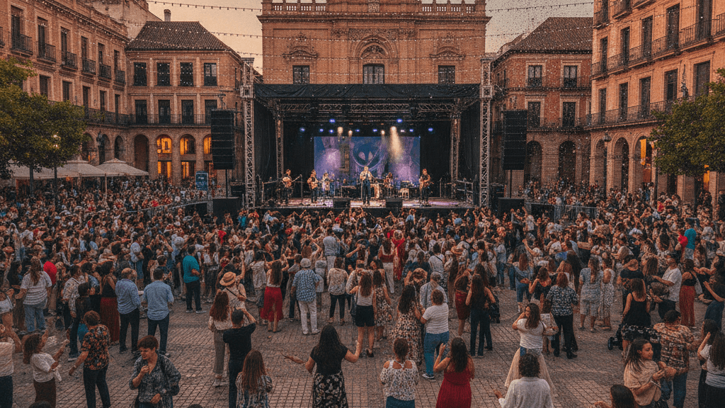 Escenario de conciertos nocturnos del Orgullo en Sevilla con luces arcoíris
