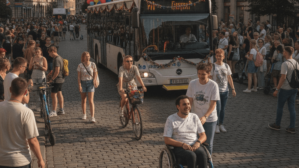 Mapa de transporte público con indicaciones para llegar a los eventos del Orgullo en Sevilla