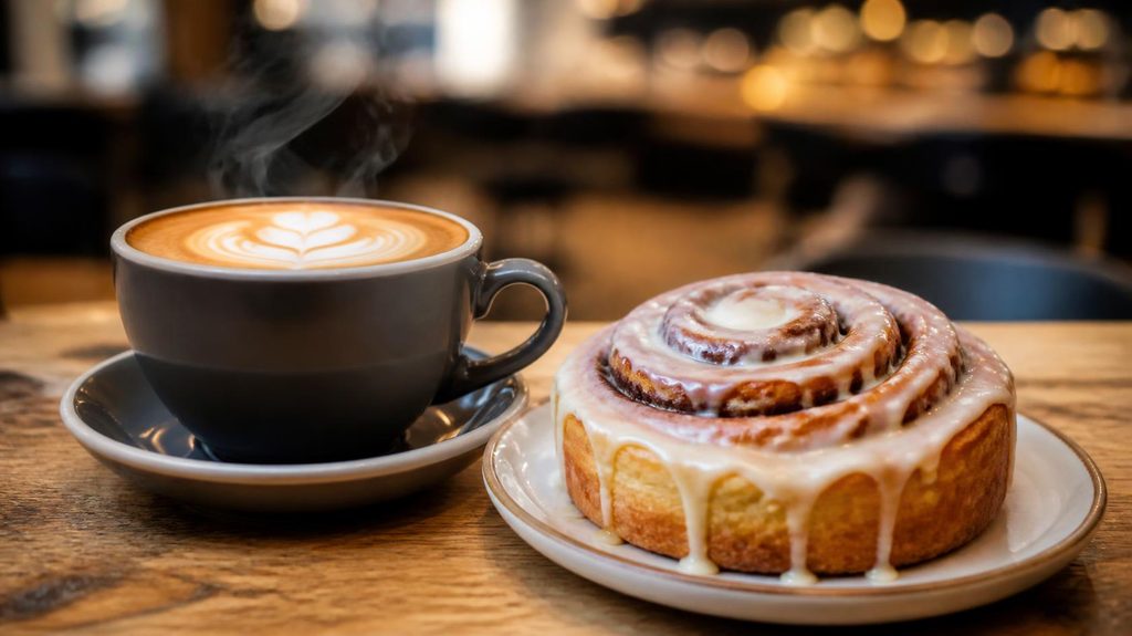 Café y rollo de canela