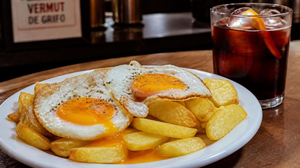 Huevos estrellados y vermú